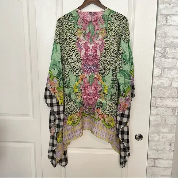 Just Cavalli 1990s Green Pink Multicolored floral Silk Tunic Kaftan Top dress - Picture 13 of 16